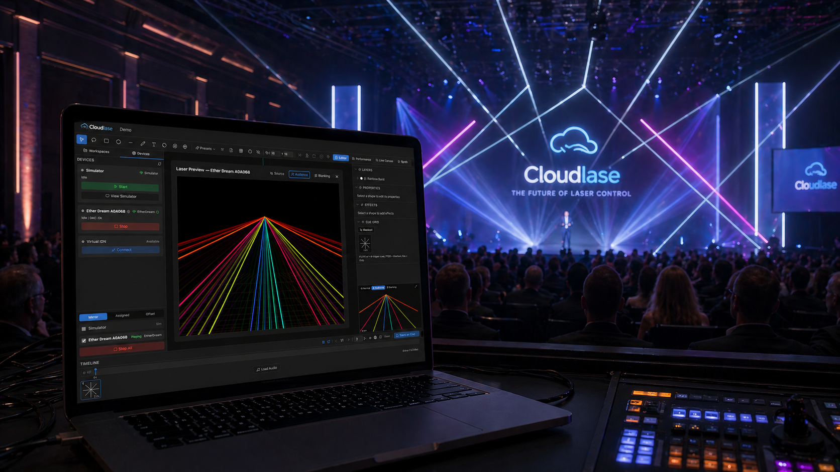 CloudLase Studio controlling a laser-show production