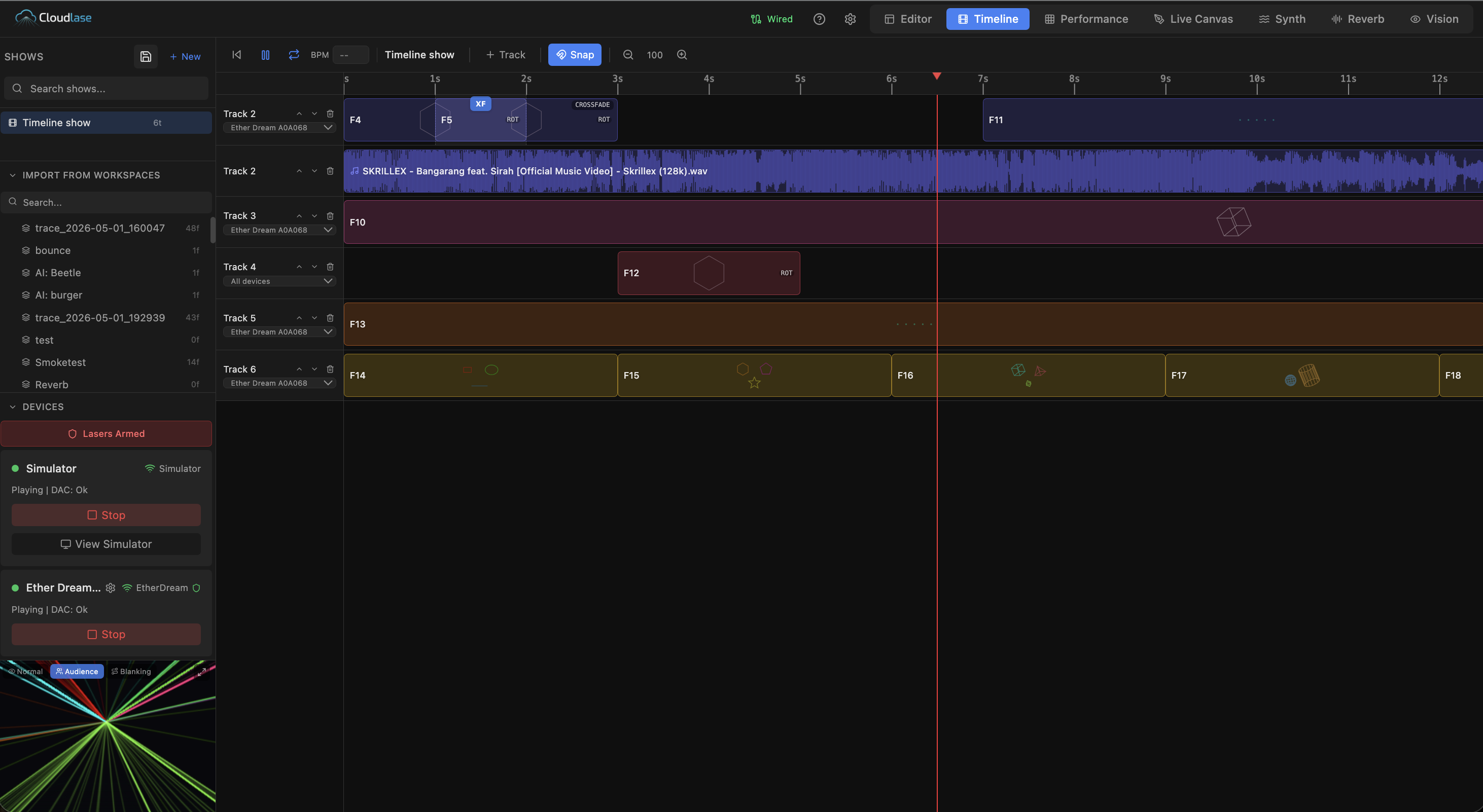 CloudLase multi-track laser-show timeline