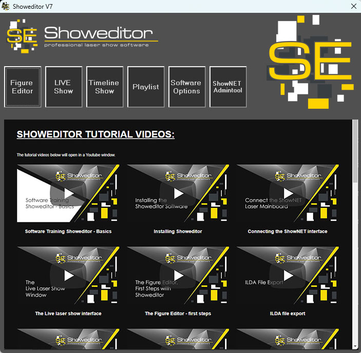 Startbildschirm und Live-Arbeitsbereich von Showeditor