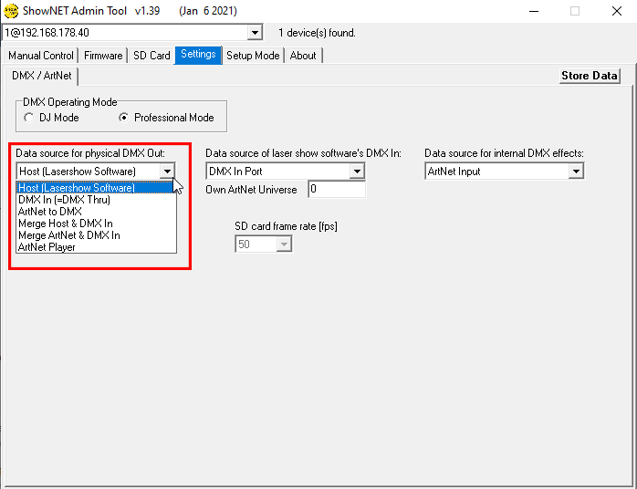 shownet admin tool as dmx controller