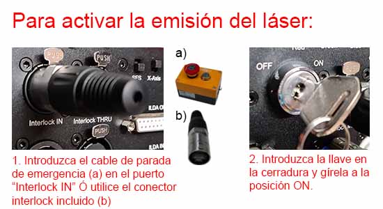 enable Laser output - insert interlock and key switch