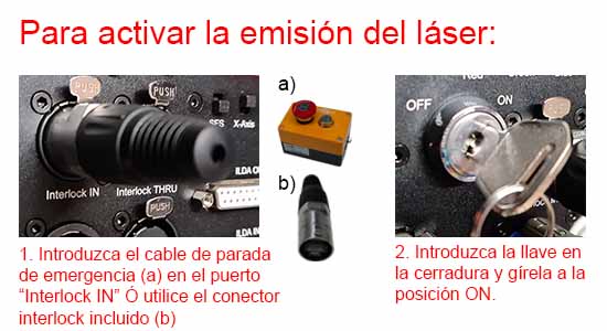 enable laser output - insert interlock and key switch